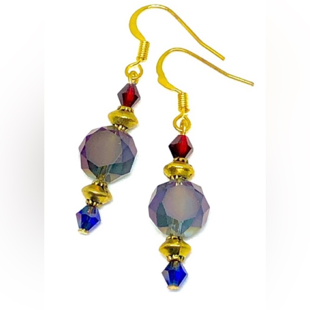 AB Purple Drum Blue Red Crystal Bead Gold Tone Dangle Earrings 1.8” Handmade